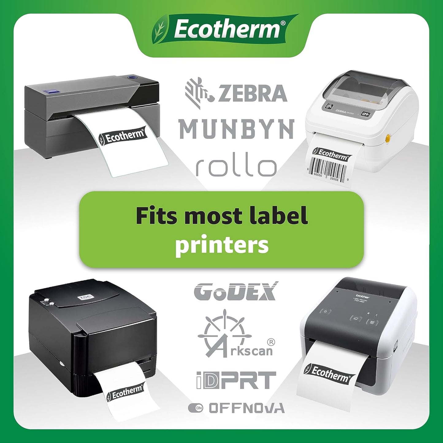 2.25" x 2" Thermal Labels | 4 Rolls | 2940 Labels | fits Zebra, Munbyn, Rollo, Godex, Arkscan, iDPRT, Offnova Thermal Label Printers and More | Blank White Adhesive Stickers by Ecotherm
