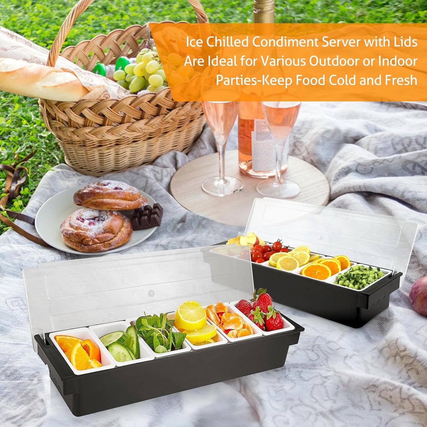 WICHEMI Fruit, Veggie & Condiment Caddy with Lid Dispenser Tray Garnish Station for Bartending & Serving Taco, Ice Cream, Salad Bar - Topping Organizer for Restaurant Supplies (6 Compartment, 2 Pack)