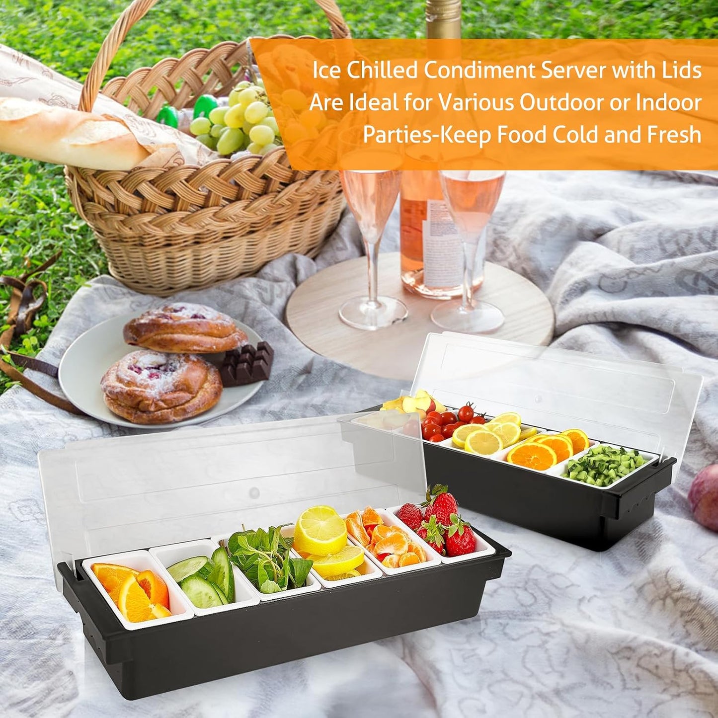 WICHEMI Fruit, Veggie & Condiment Caddy with Lid Dispenser Tray Plastic Garnish Station for Bartending & Serving Taco, Ice Cream, Salad Bar - Topping Organizer for Restaurant Supplies (6 Compartment)