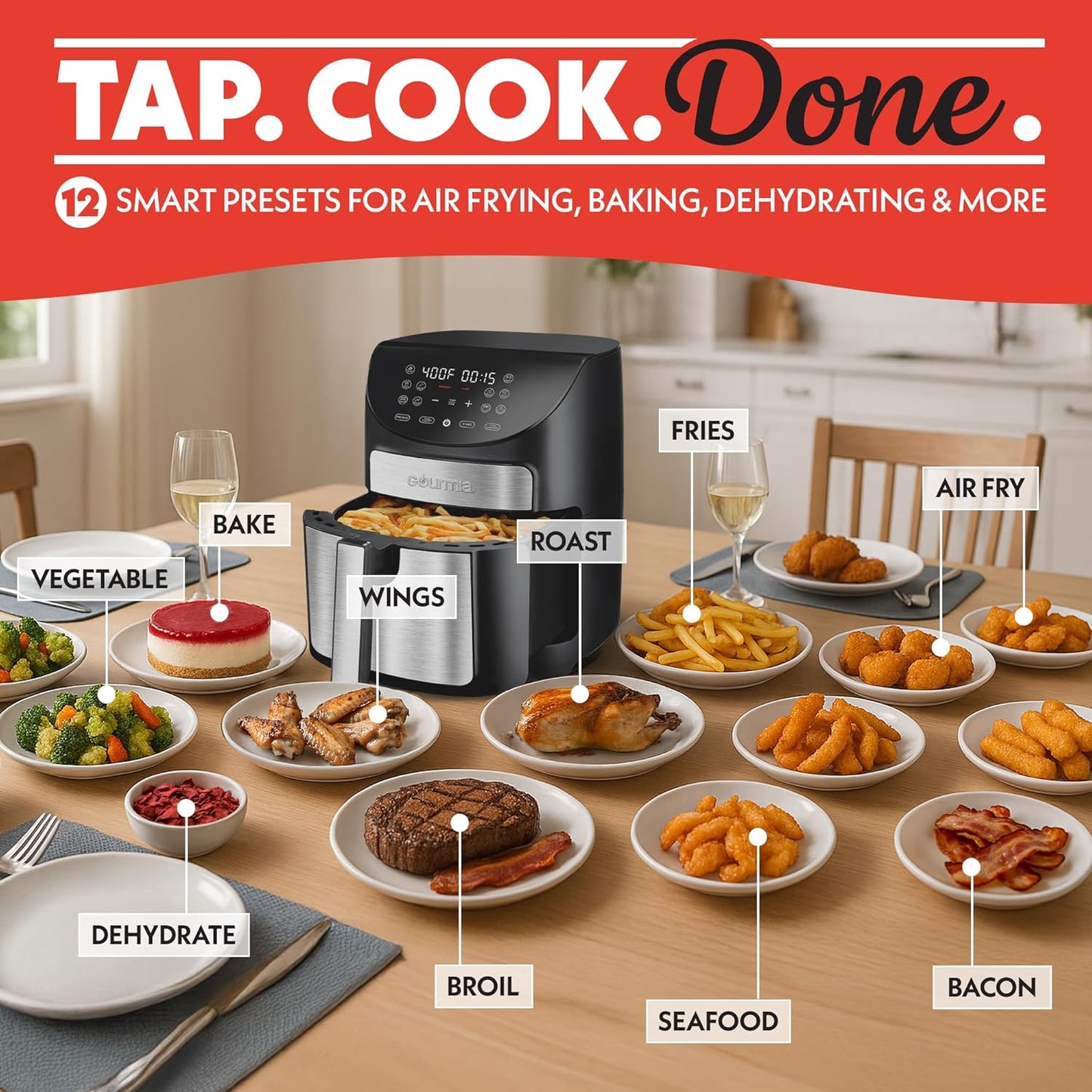 Gourmia Digital Air Fryer – 7 QT, FryForce 360° Technology, 10 Presets, Guided Cooking Prompts, Auto Shut-Off, Dishwasher Safe Basket, 1500W, black/Stainless Steel