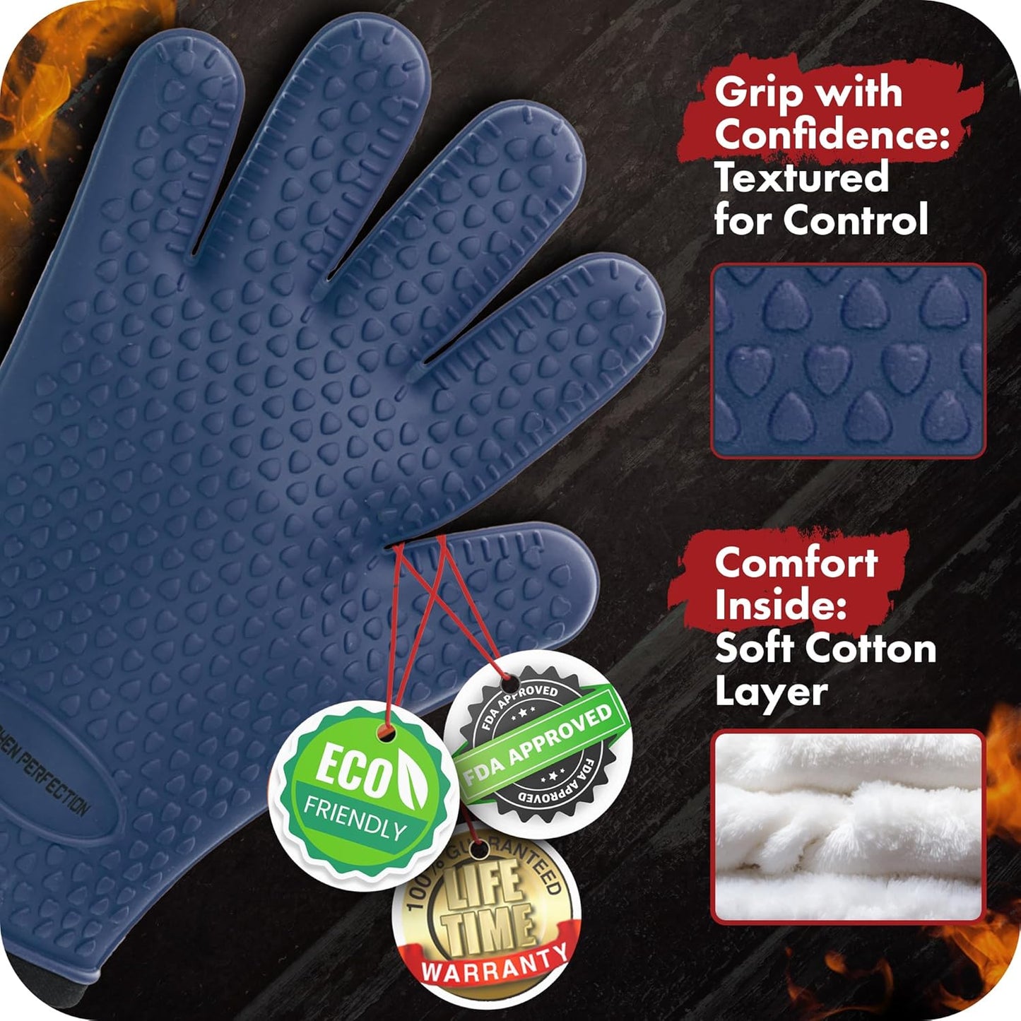 KITCHEN PERFECTION S Silicone Smoker Oven Gloves -Extreme Heat Resistant BBQ Gloves -Handle Hot Food Right on Your Grill Fryer Pit|Waterproof Oven Mitts |Superior Value Set+3 Bonuses