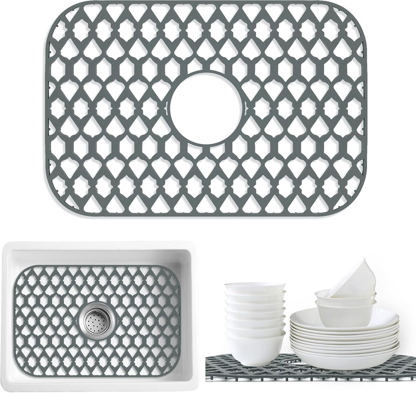 Sink Protectors for Kitchen Sink 13x11 &16x12 &19x14 &22x13 &24x13 &26x14 &28x14 &30x16, Large Silicone Sink Mats Grid for Bottom of Farmhouse Sink (19”x13”, Center Drain)