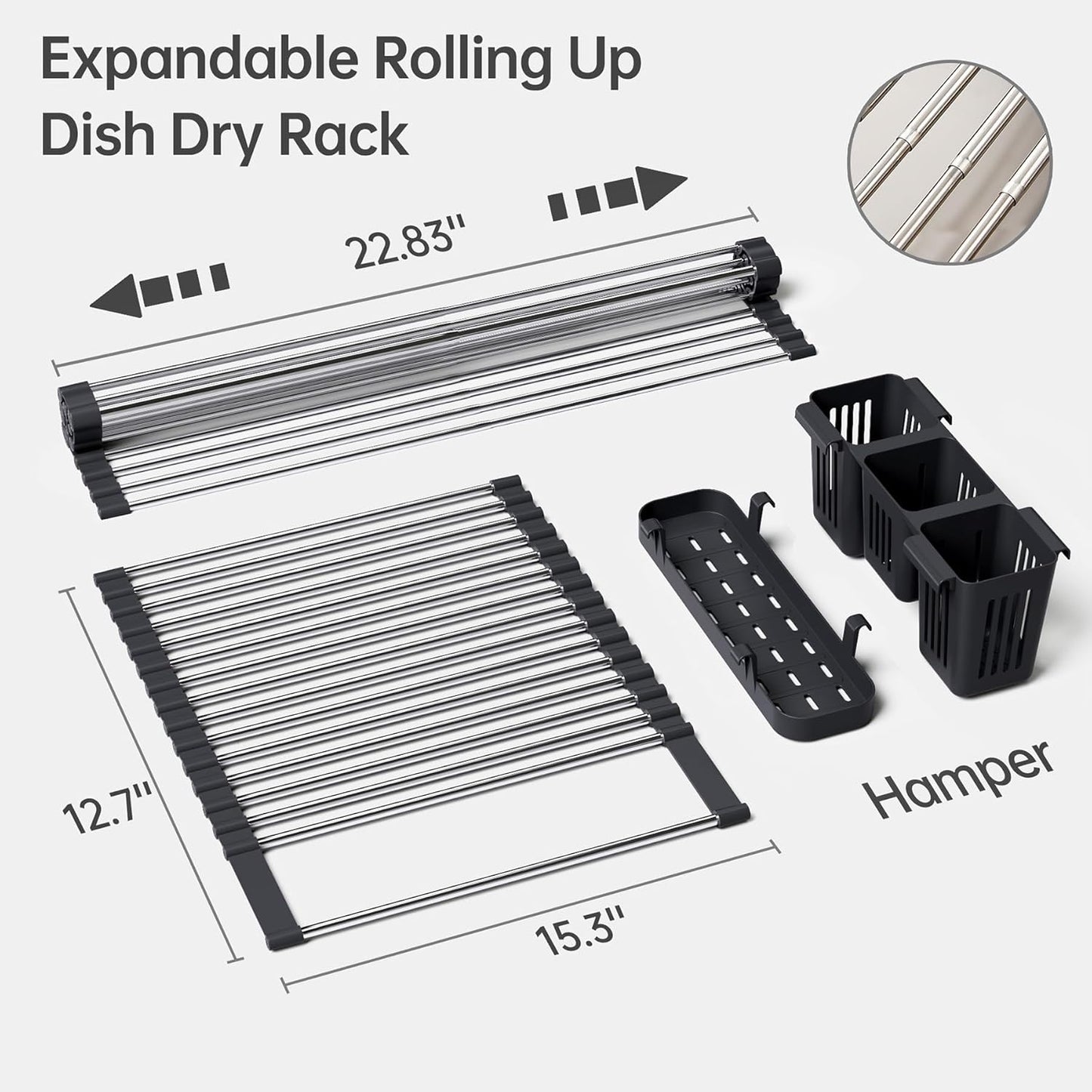 Expandable Over Sink Dish Drying Rack, Large Roll Up Dish Drying Rack with 2 Storage Baskets, Rolling Drain Mats for Kitchen Sink Counter, BPA-Free(12-22 * 15.3'', Black)