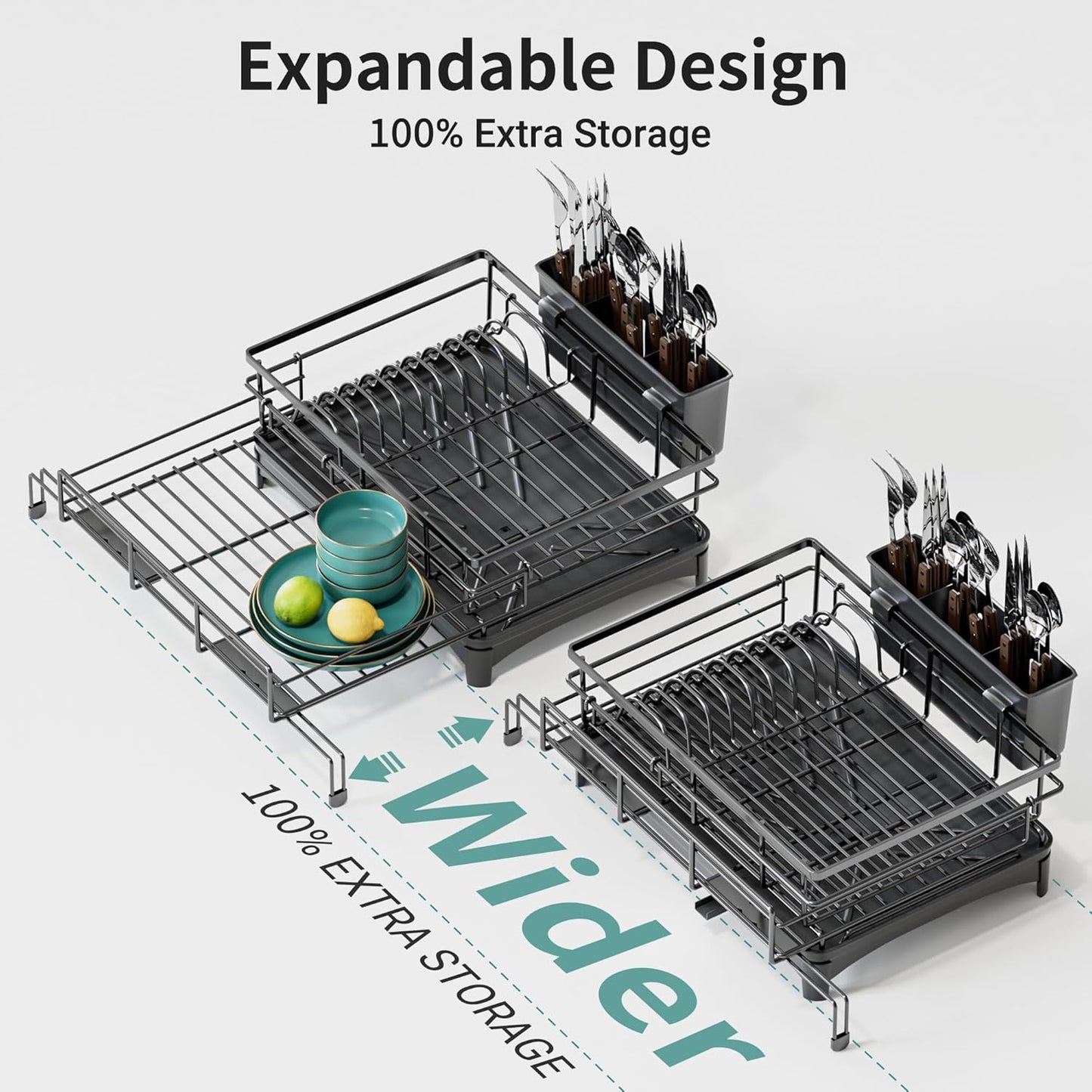 Large Dish Drying Rack - Expandable Dish drainers for Kitchen Counter,Over The Sink Dish Drainer Drying Rack,Rustproof Dish Drainer with Utensil Holder and Drainboard