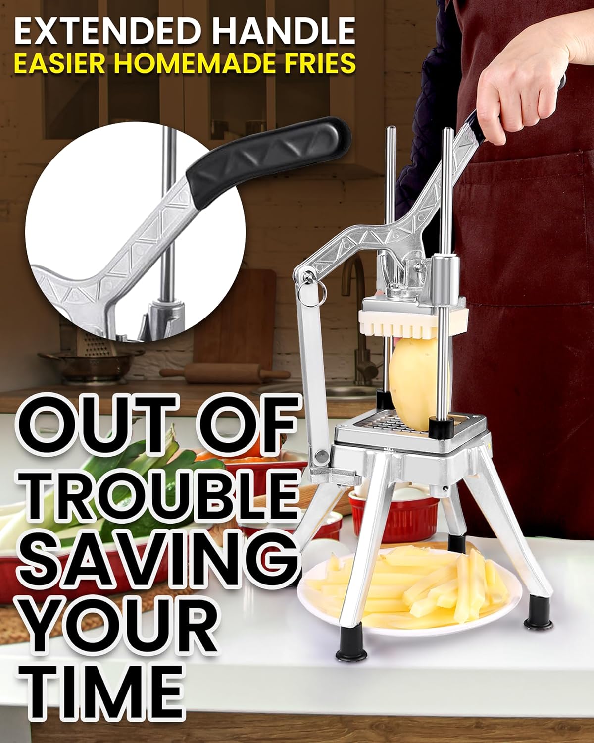 French Fry Cutter Commercial Potato Chopper Stainless Steel Vegetable Dicer Fruit Slicer for Onion,Cabbage,Carrots,Potato,Mushroom,with 4 Blades(1/4",3/8",1/2",8 wedge slice)