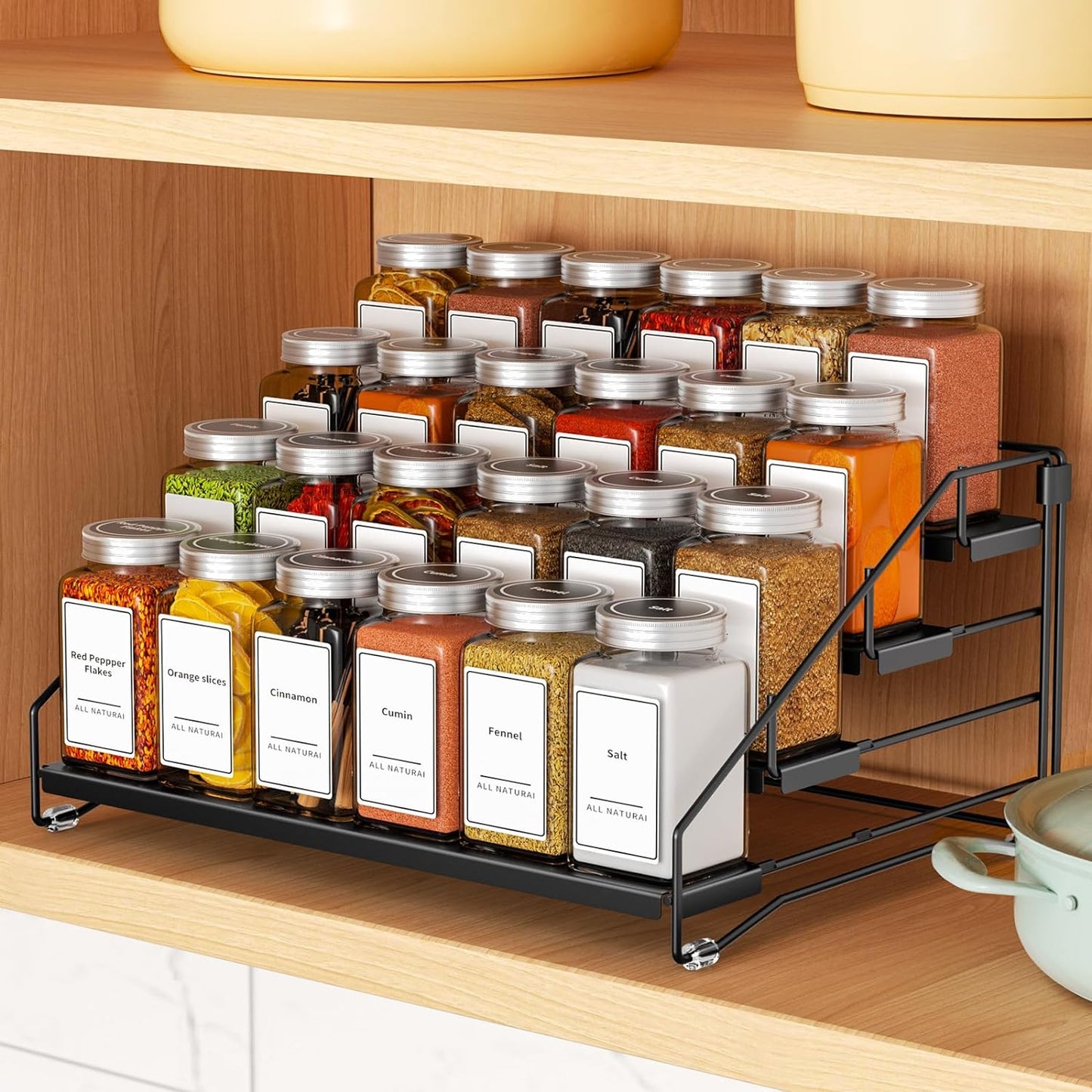 4 Tier Spice Rack for Cabinet, Spice Rack Organizer, Depth Adjustable Spice Holder for Countertop, Cupboard, Pantry, Seasoning Shelf, Metal, Black (1 Pack)
