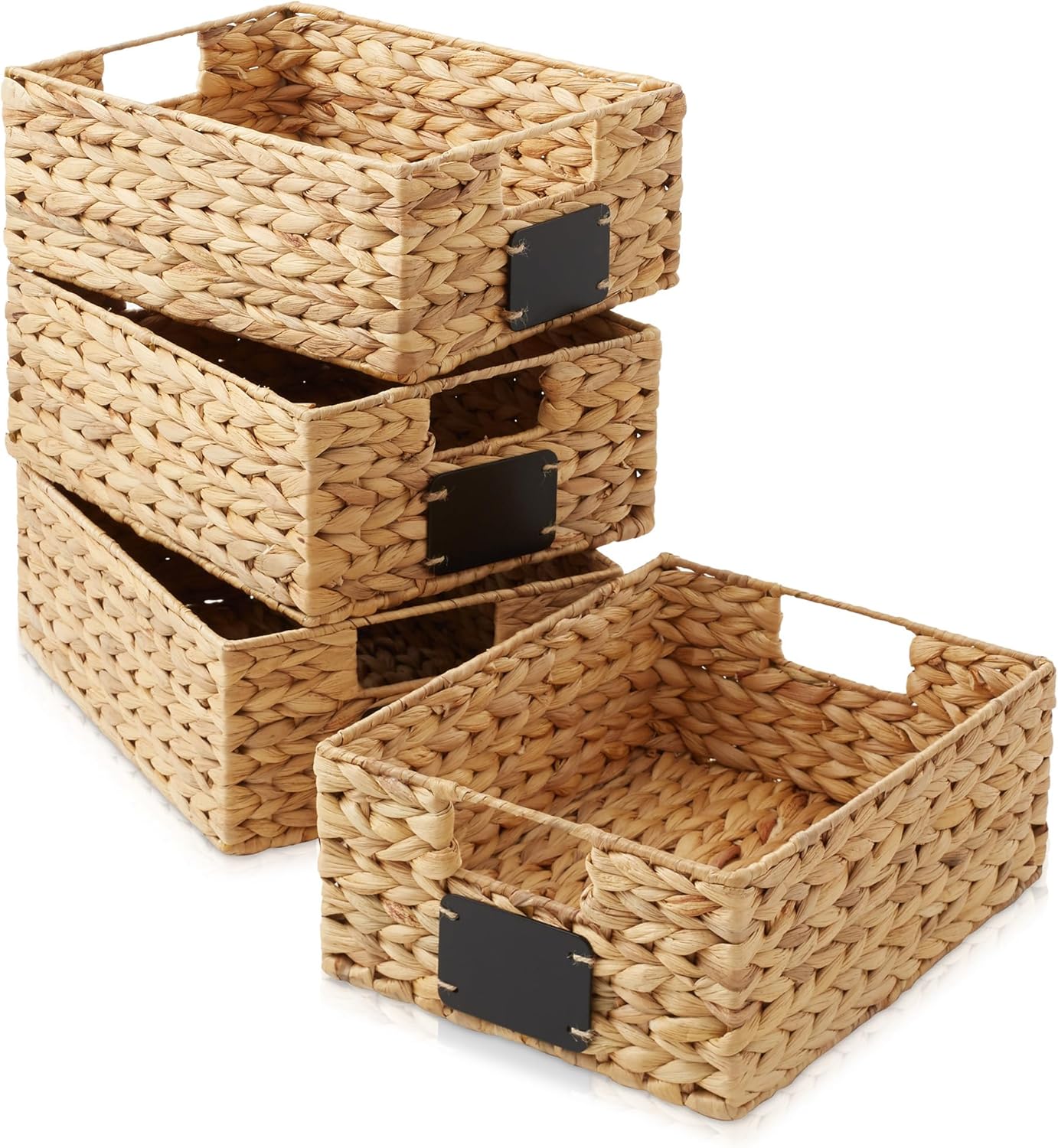 Casafield Set of 4 Water Hyacinth Pantry Baskets, 10" x 13" x 5", with Chalkboard Labels and Chalk Marker - Natural, Woven Storage Bin Organizers for Kitchen Shelves