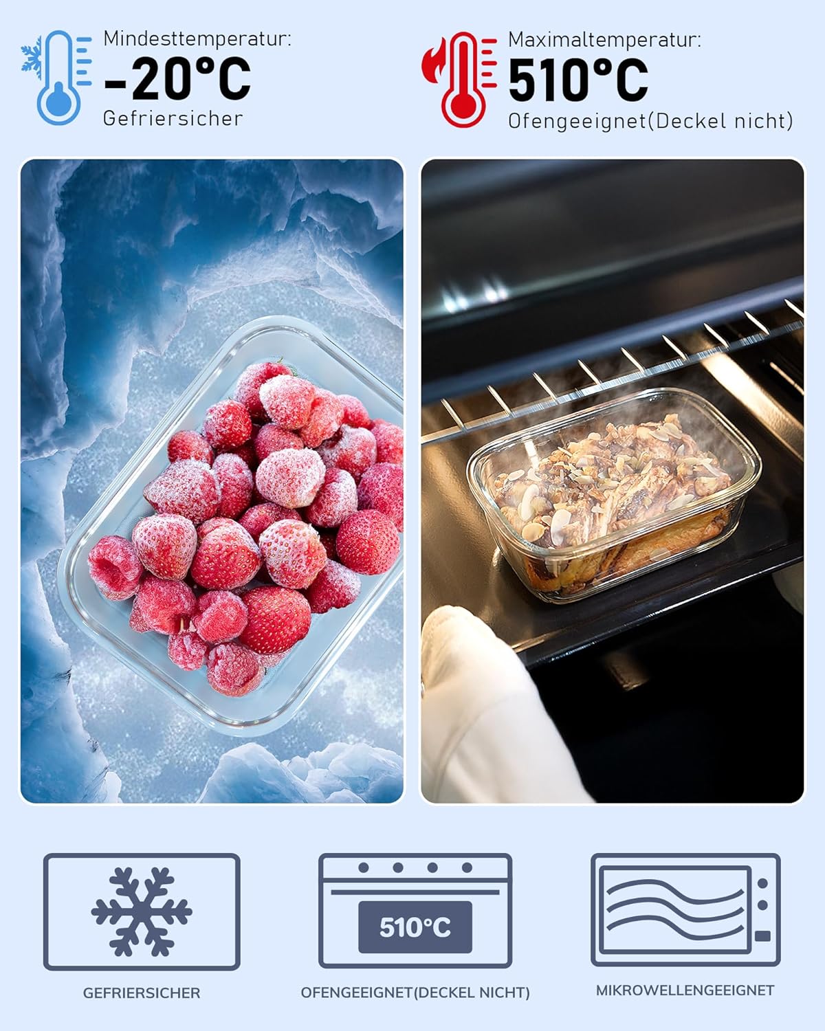 5-Pack Borosilicate Glass Containers with Tempered Lids, 35.2oz/4.4 Cup Airtight Meal Prep Set, Microwave/Freezer Safe (Blue)