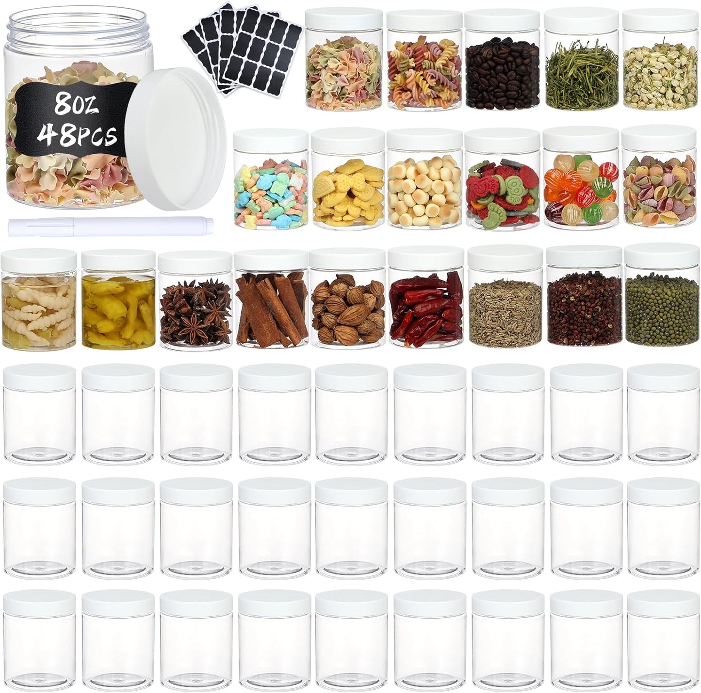 48pcs 8 oz Plastic Containers with Lids Labels Leak Proof BPA Free Airtight Refillable Clear Small Containers Storage Jars for Storing Dry Food Slime Honey Jam,white