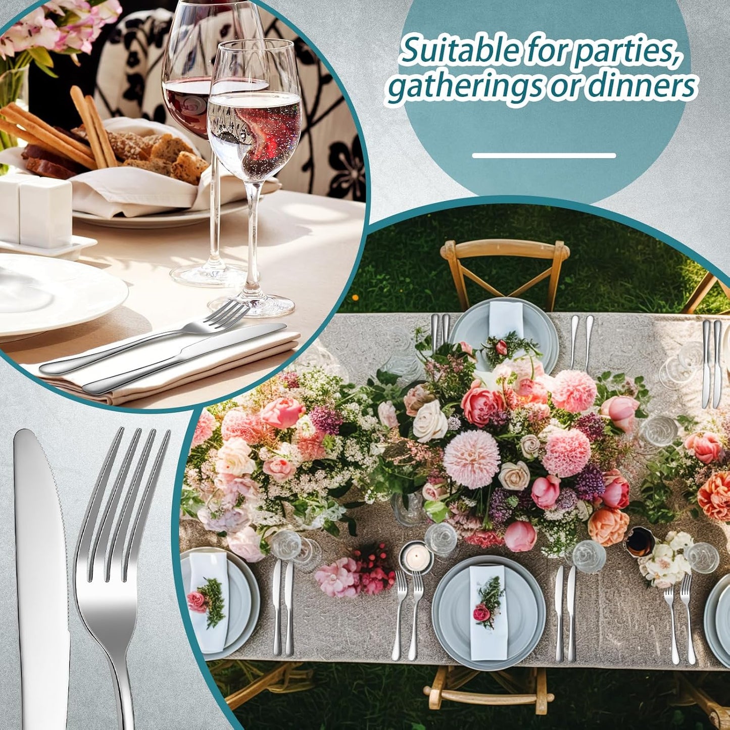 Nuenen 100 Pieces Stainless Steel forks and knives Dinner Flatware Set Tableware Cutlery for Butter Kitchen Restaurant, Dishwasher Safe(Silver,9.06 Inches, 8.07 Inches)