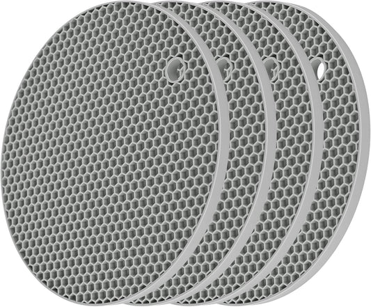Trivets for Hot Dishes, Siicone Trivet Mat Hot Pads for Kitchen Tabletop, Round Silicone Pot Holders Mat, Trivets for Pots and Pans, Trivet for Quartz Countertops Mats Set 4 Light Gray