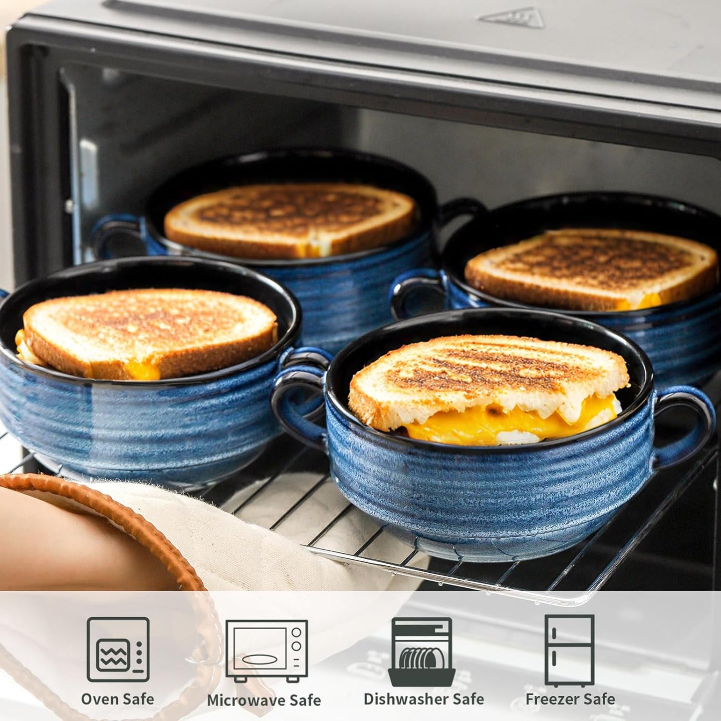 Hasense Ceramic Soup Bowls, 20oz French Onion Soup Bowls with Handle Set of 2, Serving Bowls for Chili, Stew, Salad, Microwave & Dishwasher Safe Soup Crocks, Blue