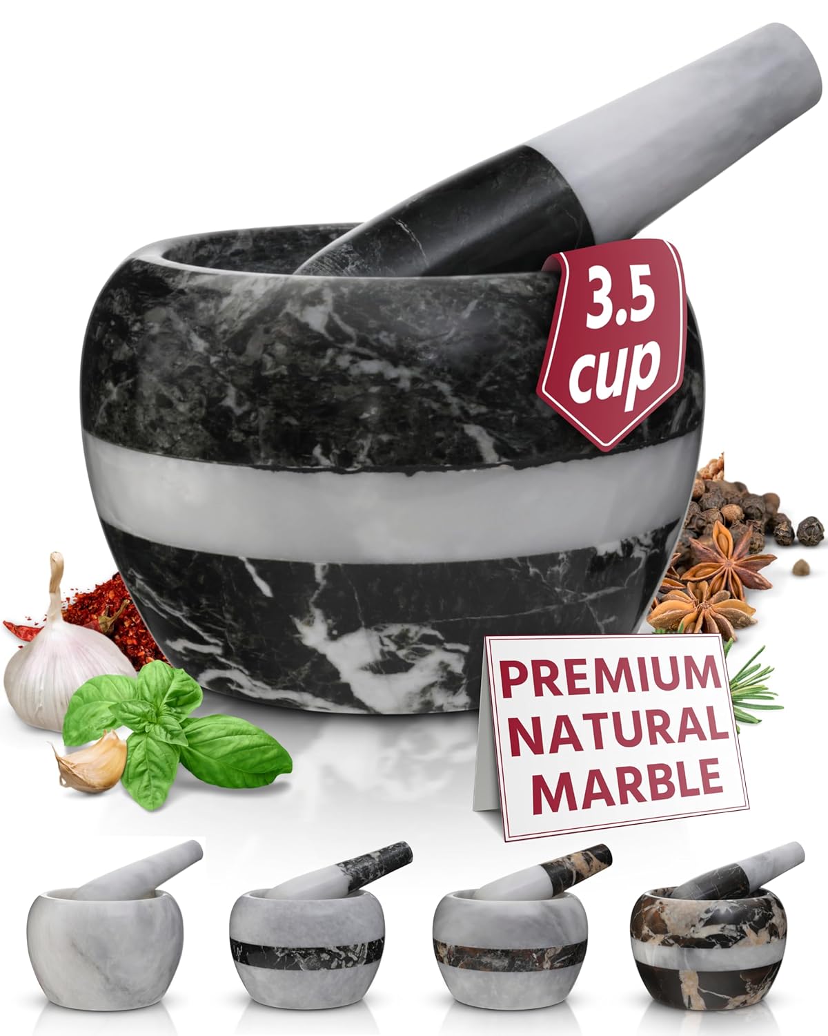 Gusto Nostro Natural Marble Mortar and Pestle Set | 6 Inch - 3.5 Cup Extra Large Mortar Pestle Set for Grinding Herbs, Nuts, Grains | Pesto Grinding and Guacamole Stone Bowl | Marble Spice Crusher
