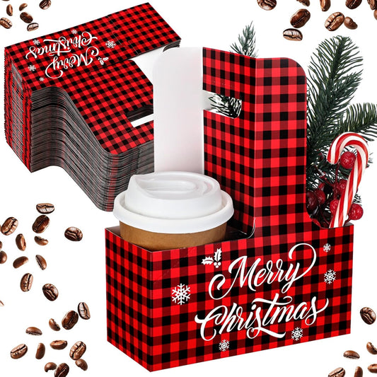 30 Pcs Christmas 2 Cup Drink Carrier with Handle Red and Black Buffalo Plaid Paper Cup Holder Bulk Christmas Caddy Cardboard Coffee Carriers for Cocoa Milk Coffee Holiday Party Supplies