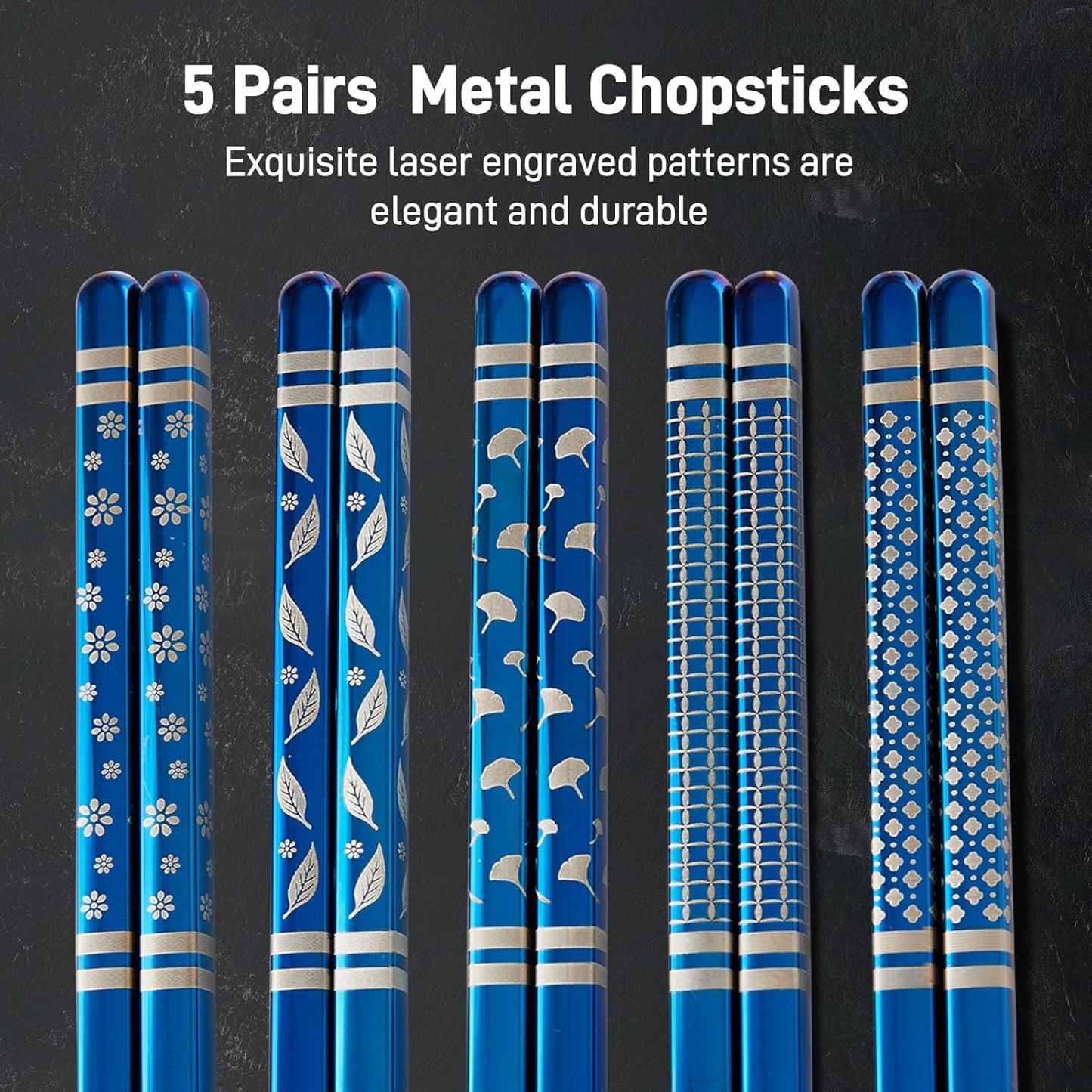 Metal Chopsticks Reusable 5 Pairs Stainless Steel Chopsticks Japanese Chinese Korean Metal Chop Sticks Dishwasher Safe Non Slip Cute Laser Engraved 9.25 Inch for Cooking Eating Gift Set