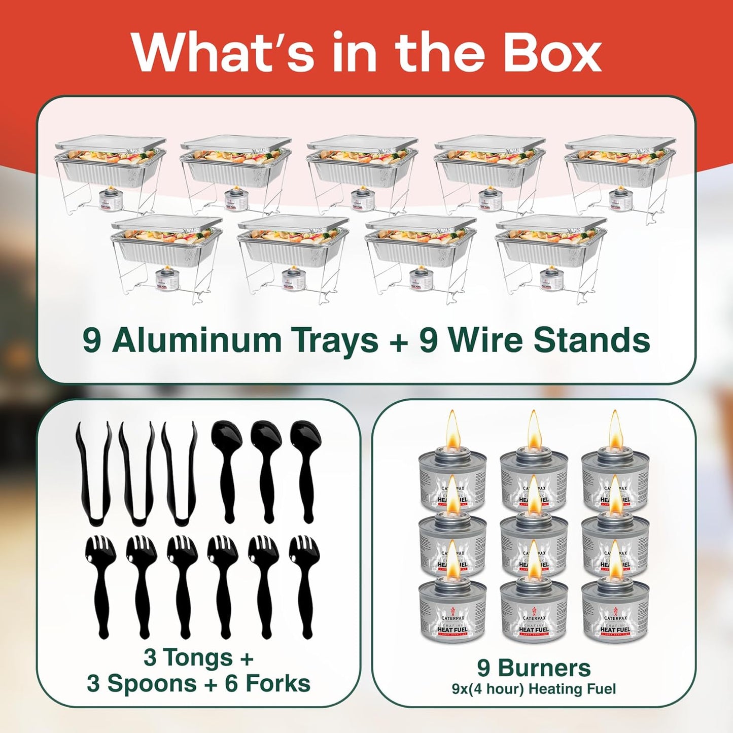 9 Pack - Disposable Chafing Dish Buffet Set (57 PCS) – Catering Food Warmers with 9 x Half Size Aluminum Pans, Foil Lids, Foldable Racks, Utensils & Fuel Cans - Perfect for Parties, Weddings & Events