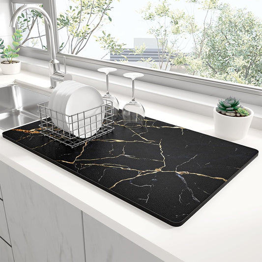 Rnivvi Dish Drying Mat for Kitchen Counter, 12 x 19" Cute Marble Super Absorbent Draining Pad, Non-Slip Heat Resistant Coffee Bar Mats for Coffee Machine Station Accessories, Black Gold Dish Rack Pad