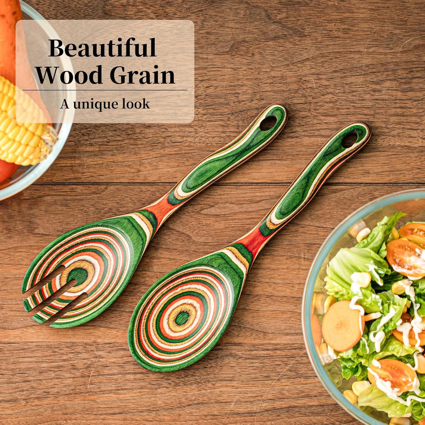 Gudamaye Pakkawood Wooden Salad Server Set,10.5 inch Salad Tongs for Serving including Salad Mixing Dinner Fork and Spoon,Long Handle Salad Server Set