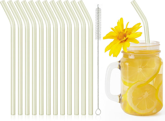 12 Pcs Reusable Glass Straws 8"x 8 mm Bent Glass Drinking Straws with Cleaning Brush for Tea, Smoothies, Milkshakes, Juices,Beverages.(yellow)