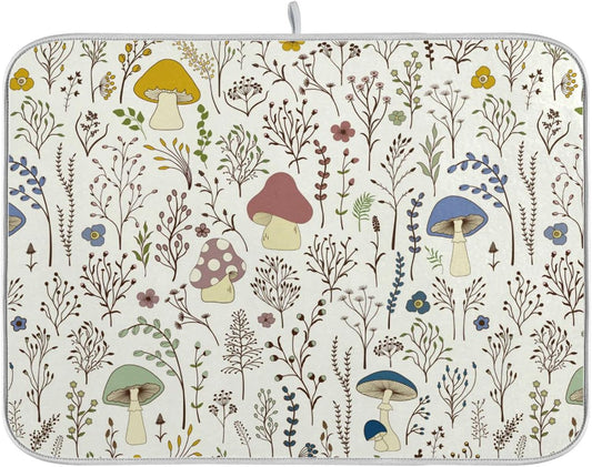 Cute Mushroom Wild Plant Dish Drying Mat for Kitchen Counter Absorbent Microfiber Drying Pad, Large 18x24 in, Reversible Drainer Mats