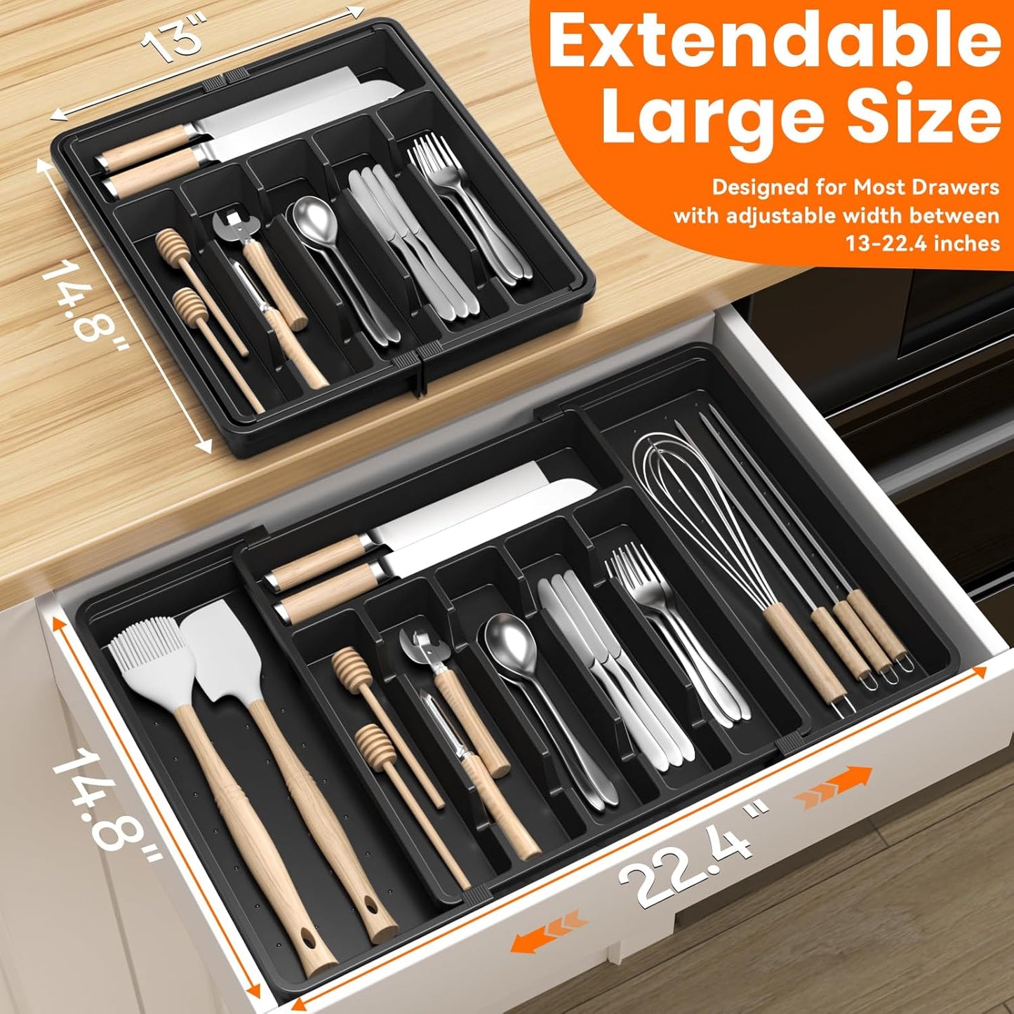 Large Silverware Organizer,Expandable Utensil Drawer Organizer,BPA Free Utensil Holder,Adjustable Silverware Tray Cutlery Drawer Organizer for Kitchen Flatware,Large,Black (6-8 Slots)