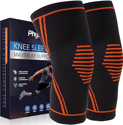 Knee Brace for Pain Relief - 2 Pack Knee Compression Sleeves for Men and Women - Support for Weightlifting, Gym, Workout, Volleyball - Meniscus Tear, ACL, Arthritis (Orange, Small)