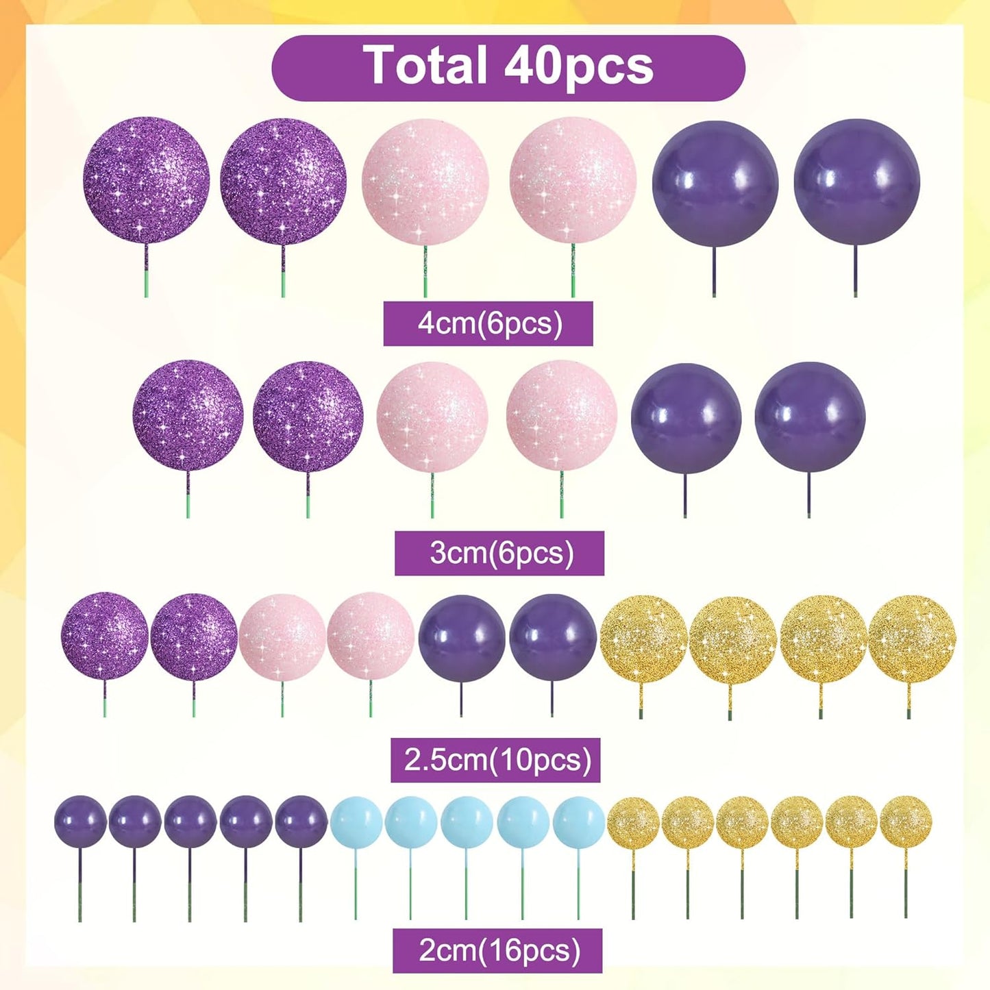 BEISHIDA 40 Pcs Foam Ball Cake Toppers with Sticks Mini Cake Decorations for Birthdays, Weddings, Baby Showers, DIY Baking Supplies, Anniversary Party (Purple, Rose, Gold, Blue)