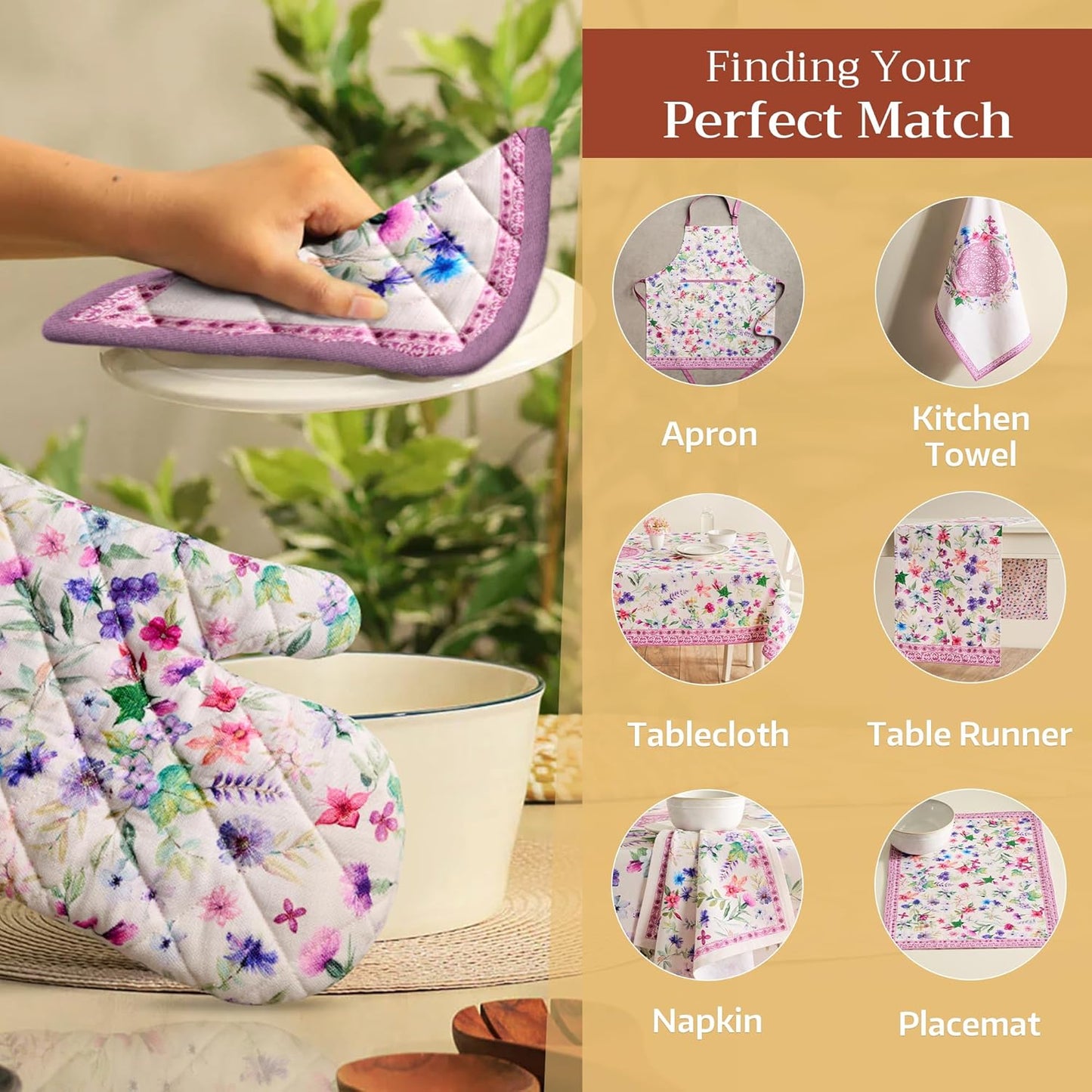 Maison d' Hermine 100% Cotton Oven Mitt & Pot Holder Set (7.5"x13" & 8"x8") Heat Resistant BBQ Cooking Gloves with Loop, Baking, Grilling, Kitchen, Handling Hot Pans Spring/Summer (Chardon)