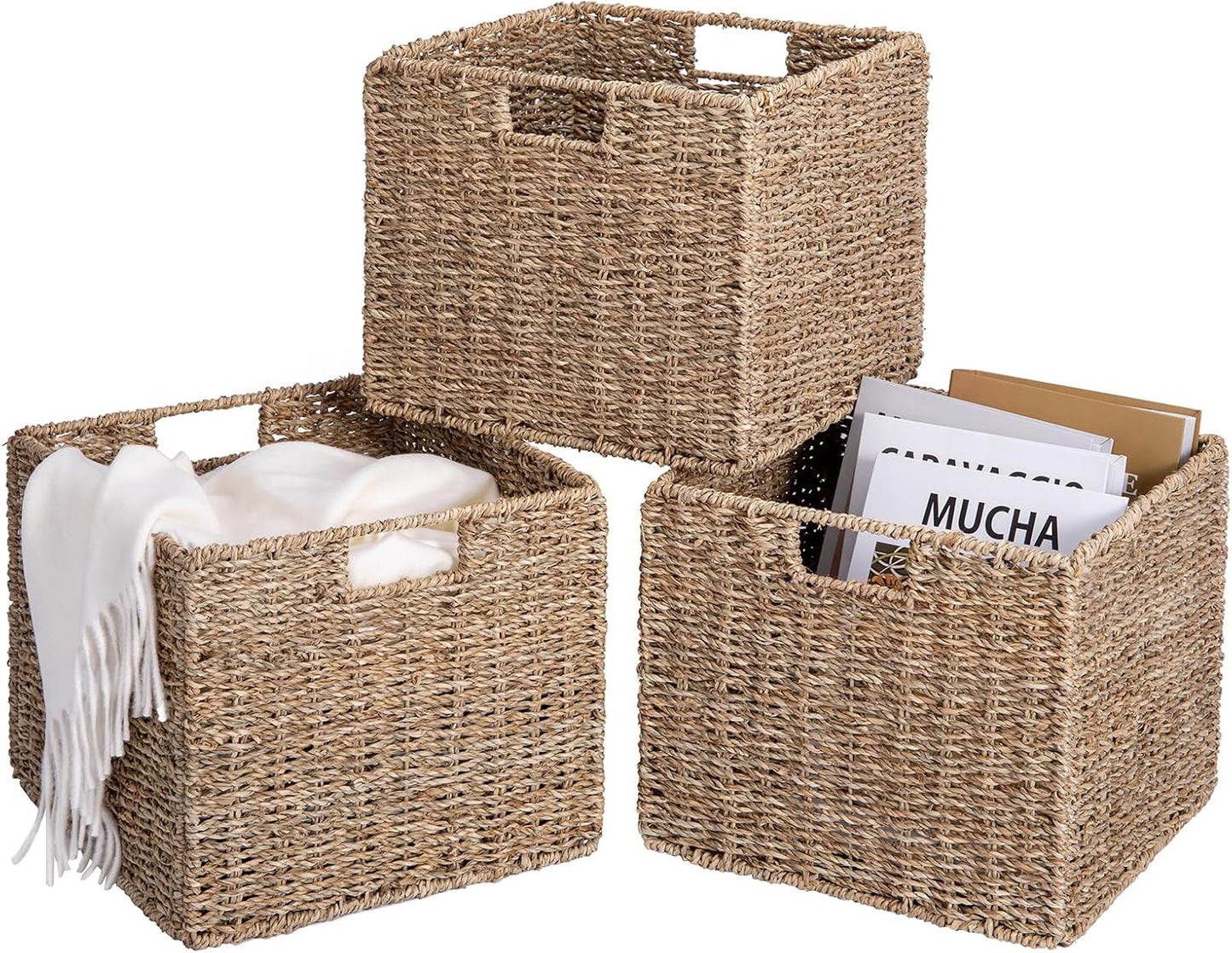 Seagrass Storage Baskets, 12X12X10in Cube Wicker Storage Basket for Shelves, Pantry Baskets Organization and Storage, Kitchen Storage Baskets, Bathroom Shelves Storage Basket Set of 3