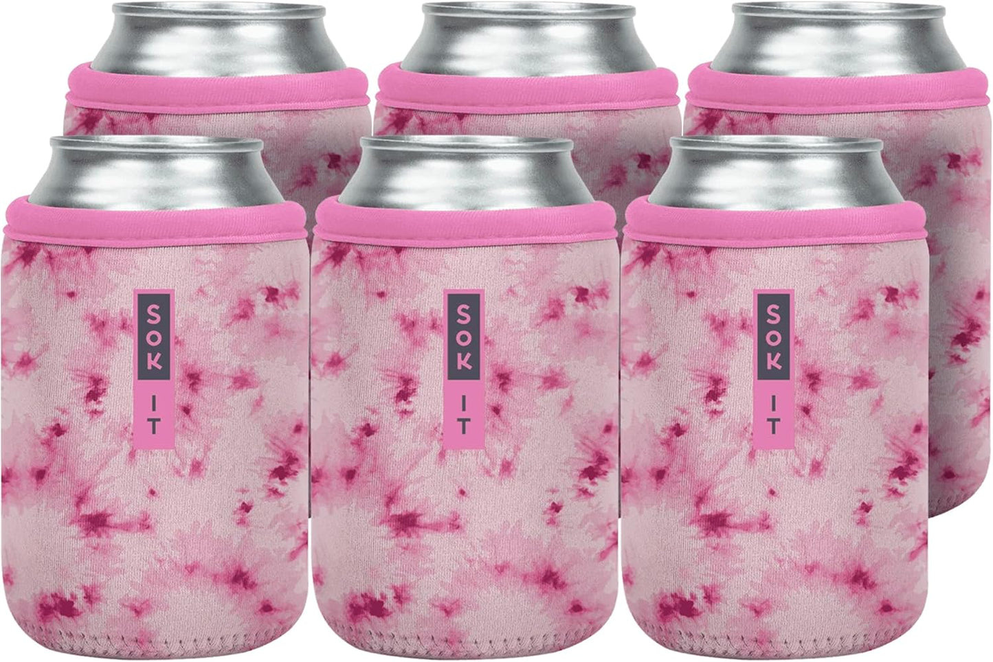 Sok It CanSok 6 Pack Sleeve for Beer & Soda Insulated Neoprene Cover (Pink Splash Tie Dye, 12oz Can Sleeve - 6 Pack)