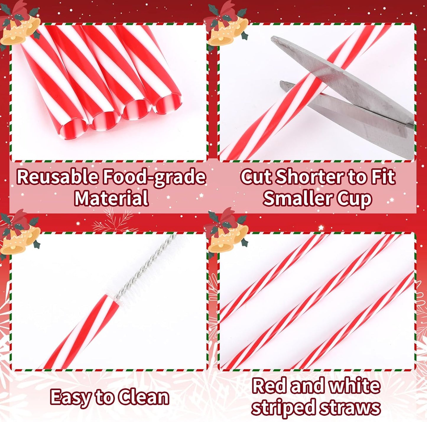 JANYUN 30 Pcs Christmas Straws Plastic, Reusable Red and White Striped Straws 9 Inch Xmas Hard Plastic Drinking Straws with Cleaning Brush for Holiday Christmas Party Favors Supplies Table Decoration