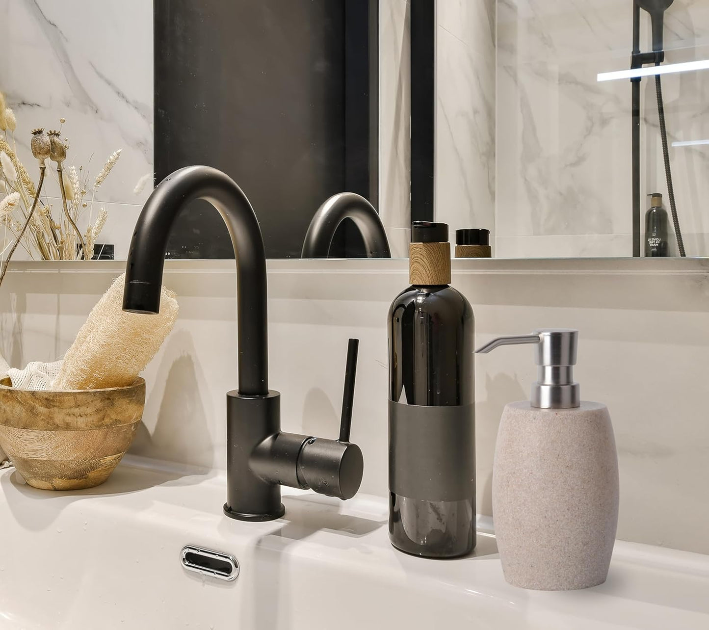 Sandstone Textured Resin Soap Dispenser with Metallic Pump and Waterproof Bottle Labels for Bathroom Kitchen Dish Hand Wash Shower Lotion Shampoo, 12 Oz, Beige