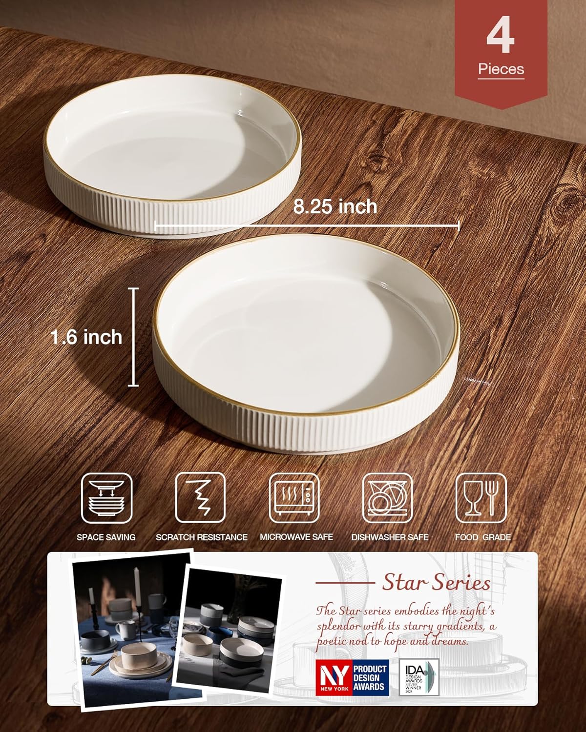 famiware Star 8.25" Pasta Bowls, Large Dinner Bowls Set of 4, Salad Bowl Plates, Shallow Bowls for Eating, White