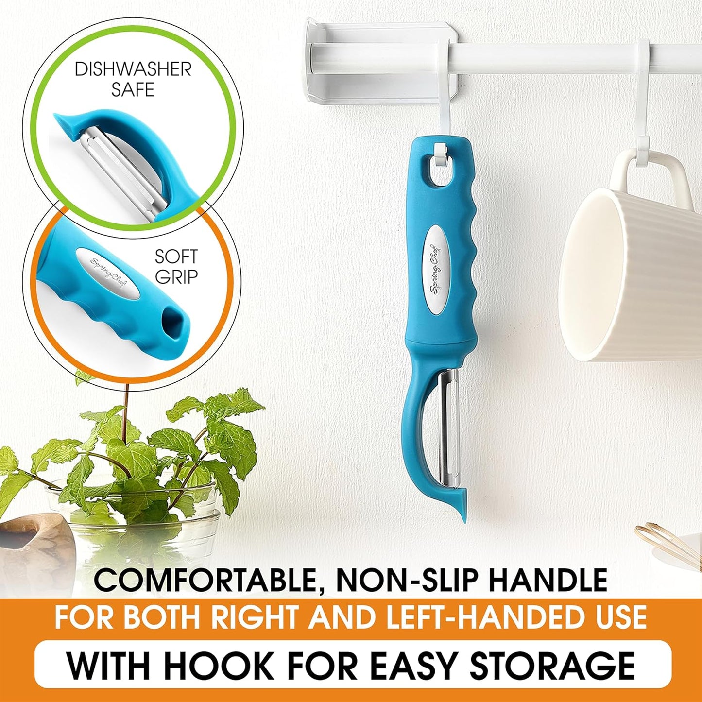 Spring Chef Stainless Steel Swivel Potato Peelers for Kitchen, Dishwasher Safe Veggie Peeler for Kitchen with Soft Grip Handle & Sharp Blades, Great for Vegetable, Apple, Carrot - Set of 2 - Teal