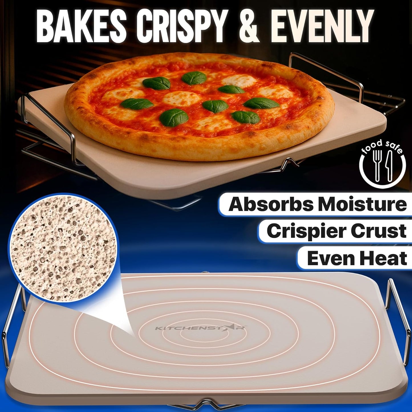 KitchenStar 15x12-inch Pizza Stone for Oven & BBQ Grill with Handles, Rectangular, 5/8" Thick - Natural Cordierite, 1800°F Resistant, Baking Stone Set with Stainless Steel Rack & Plastic Scraper Tool