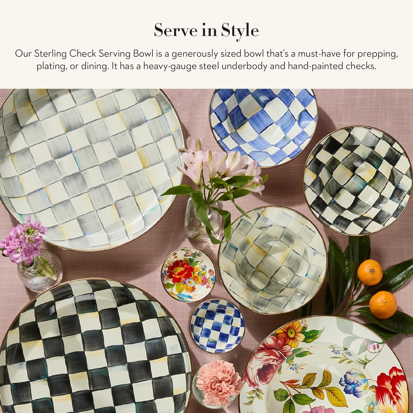 MACKENZIE-CHILDS Enamel Serving Bowl, Enamel Serveware Bowl, 12 Inches, Gray-and-White Sterling Check