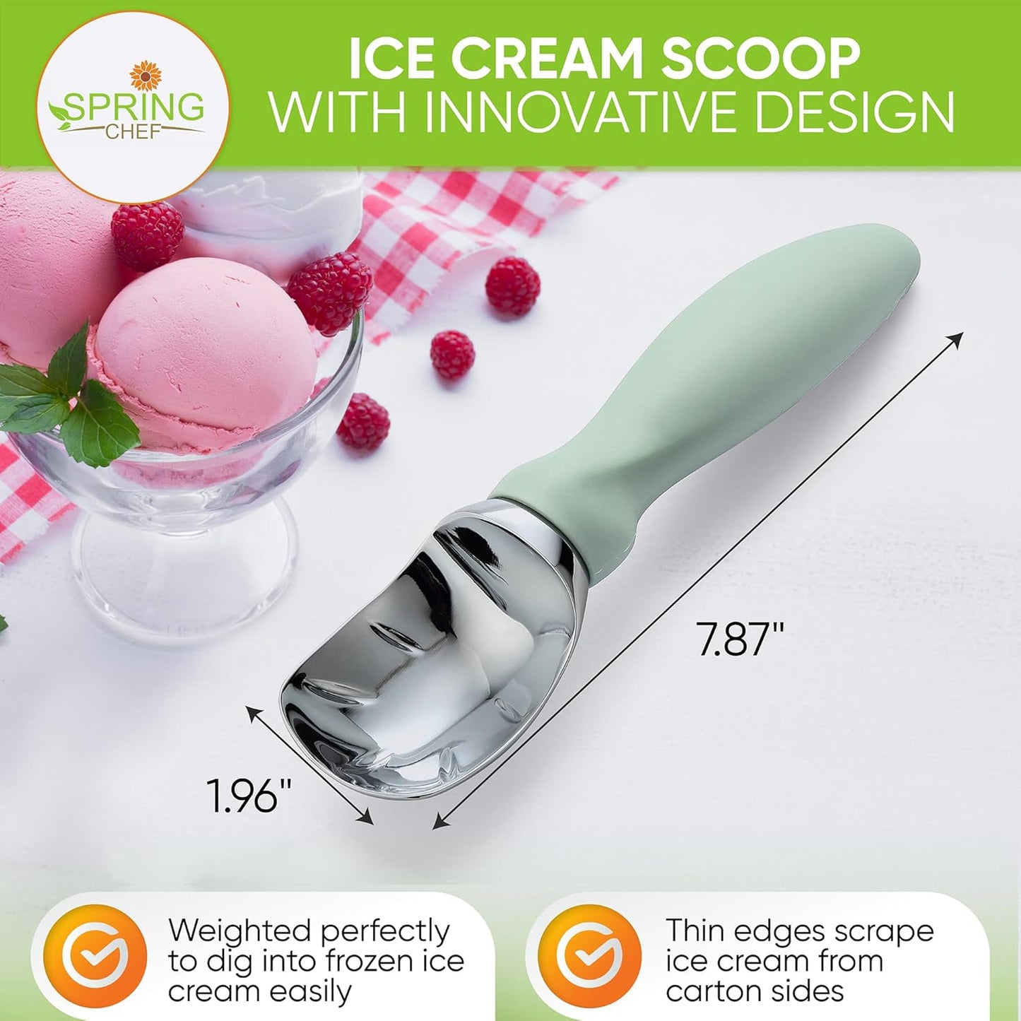 Spring Chef Ice Cream Scoop with Comfortable Handle, Professional Heavy Duty Sturdy Scooper, Premium Kitchen Tool for Cookie Dough, Gelato, Sorbet, Pistachio