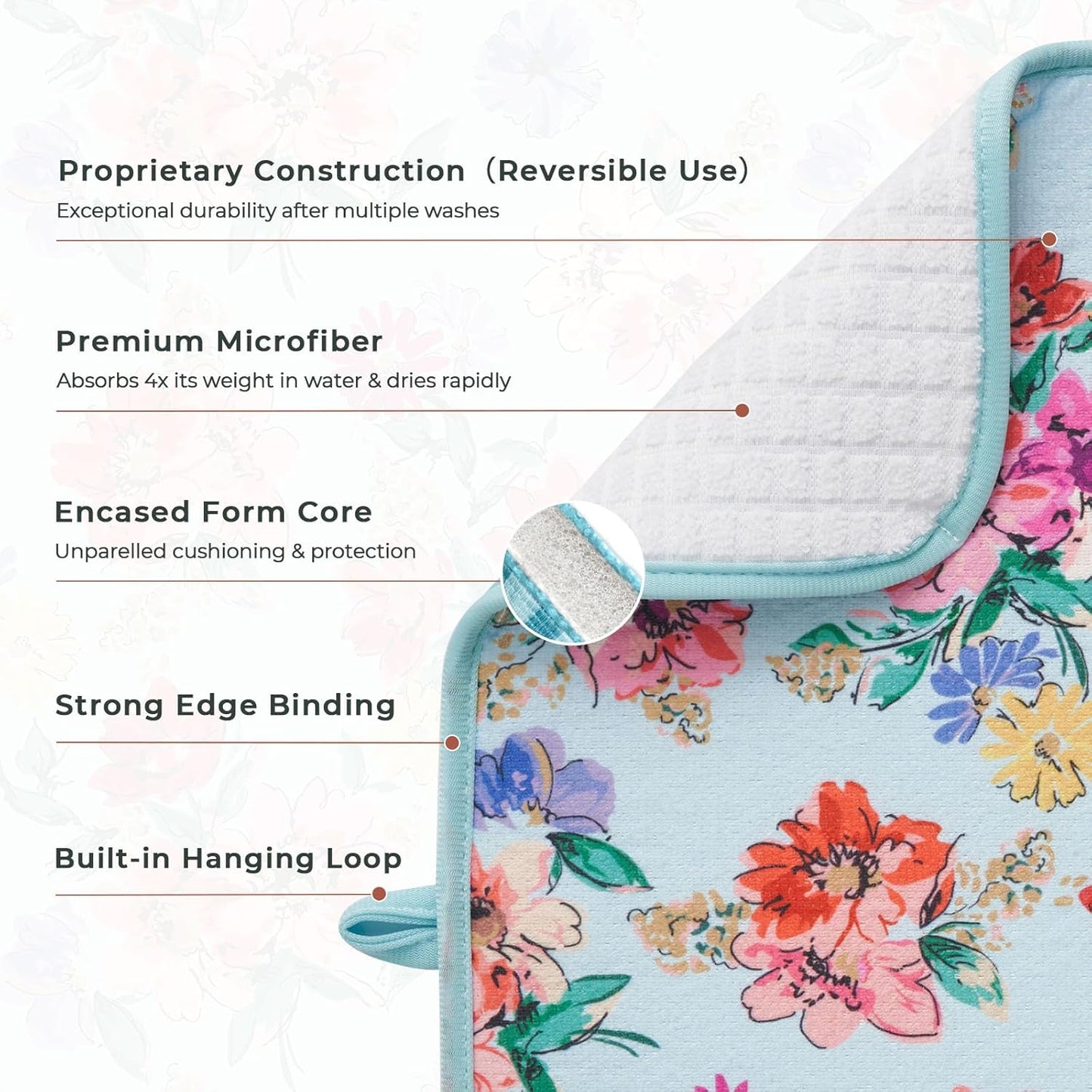 FRESHMINT Printed Dish Drying Mats for Kitchen Counter 2 Pack Absorbent Reversible Drying Mats Microfiber Kitchen Countertop Protector Dishes Drying Pad Extra Large 18"x16" Dish Mat