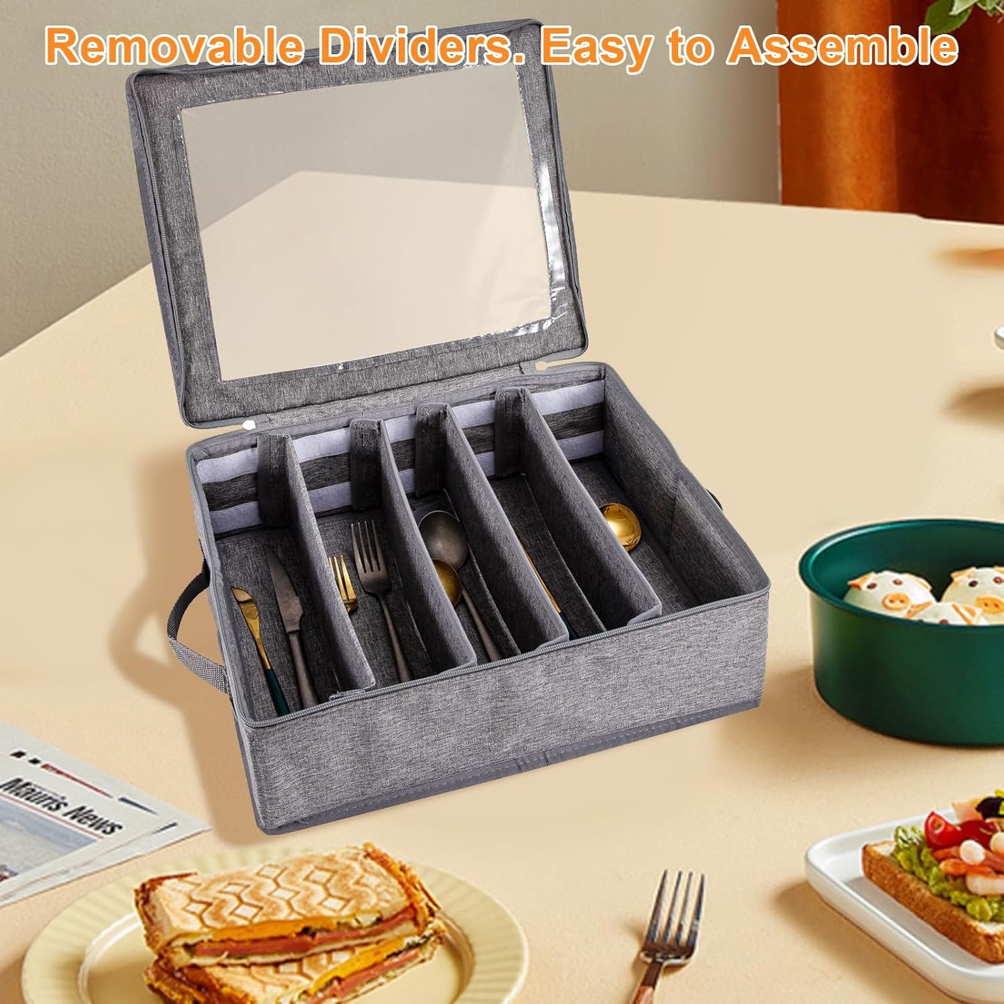 Flatware Utensil Storage Case With Adjustable Dividers,5 Compartments Zipper Flatware Storage Case, Silverware Storages Cases With Handles And Organizes Cutlery Stackable