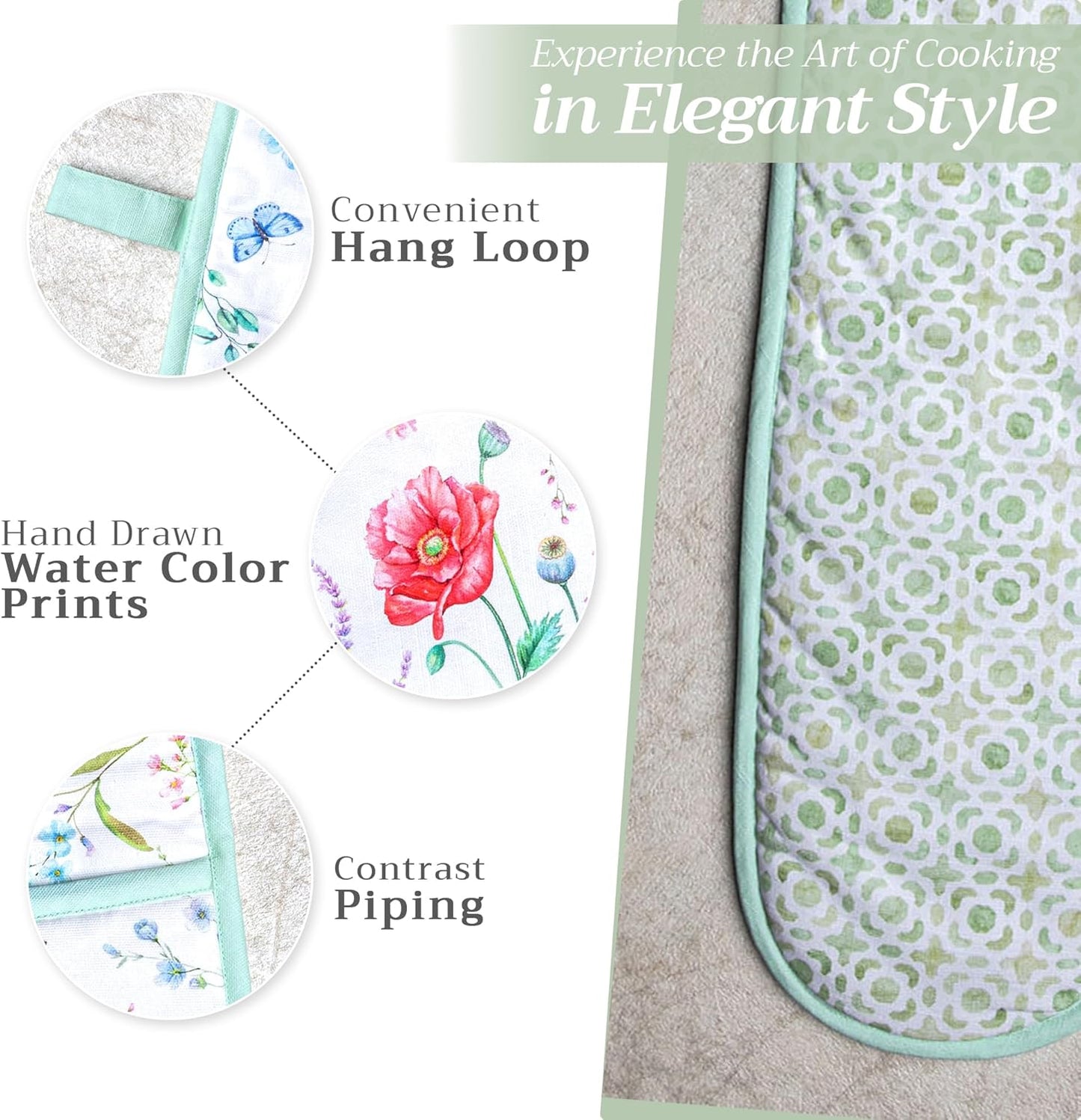 Maison d' Hermine Double Oven Mitts 100% Cotton 7"x35" Double Oven Mitt Heat Resistant BBQ Cooking Gloves with Loop, Baking, Grilling, Home, Kitchen, Handling Hot Pans Spring Summer (Just Floral).