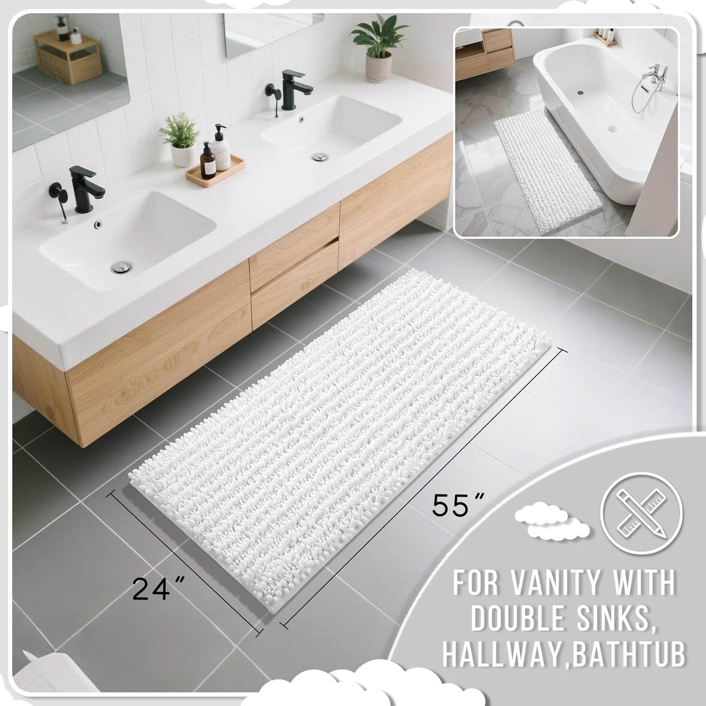 Yimobra Bathroom Runner Rug 55x24 Inch - Extra Long Non Slip Chenille Bath Mat, Soft & Absorbent, Machine Washable Shaggy Hallway Carpet for Vanity Tub Shower, White Home Decor Accessories