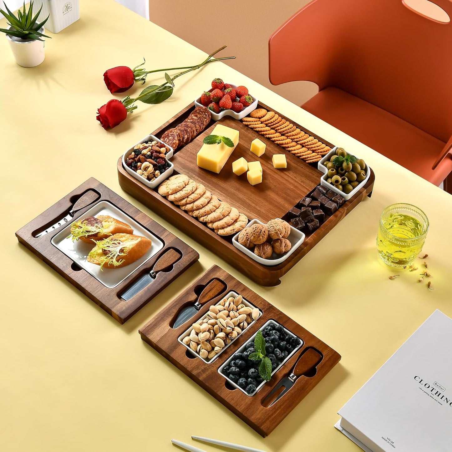 Shanik Upgraded Acacia Cheese Board Set, Square Shaped Charcuterie Set, Cheese Platter, Handcrafted Design and Stainless Steel Cutlery Set - Gift for Any Occasion with Engraving
