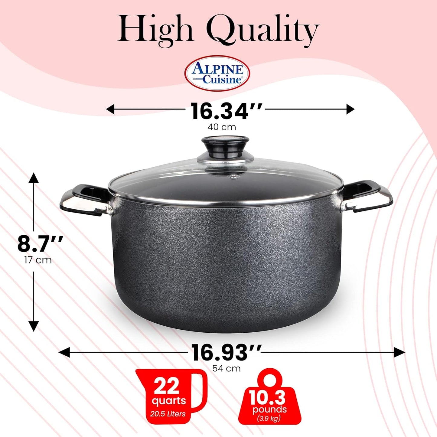 Alpine Cuisine 22 Quart Non-stick Stock Pot with Tempered Glass Lid and Carrying Handles, Multi-Purpose Cookware Aluminum Dutch Oven for Braising, Boiling, Stewing