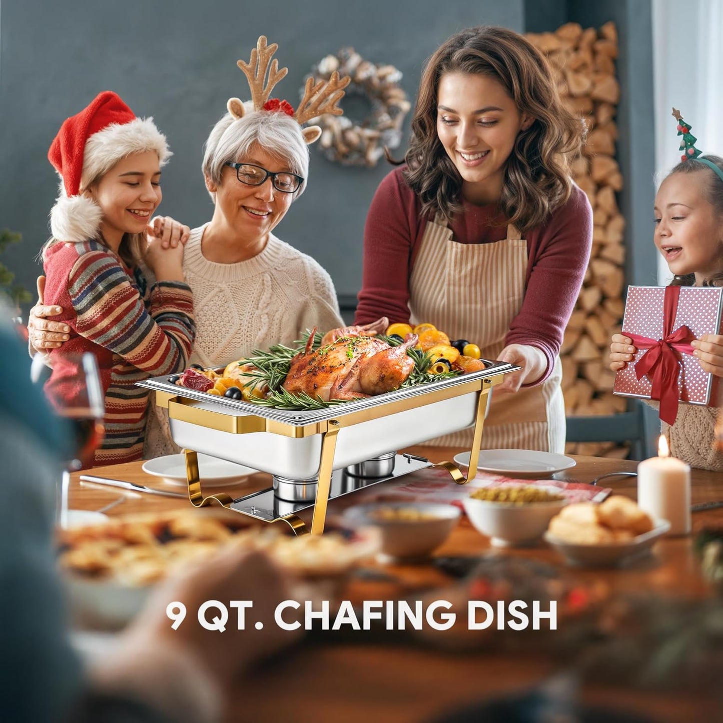 WILPREP Chafing Dish for Buffet, 9 qt Chafer and Buffet Warmer Set with Full Size Food Pan & Foldable Frame, Food Grade Stainless Steel Food Warmer for Parties Buffets Banquets Dinners, Gold & Silver