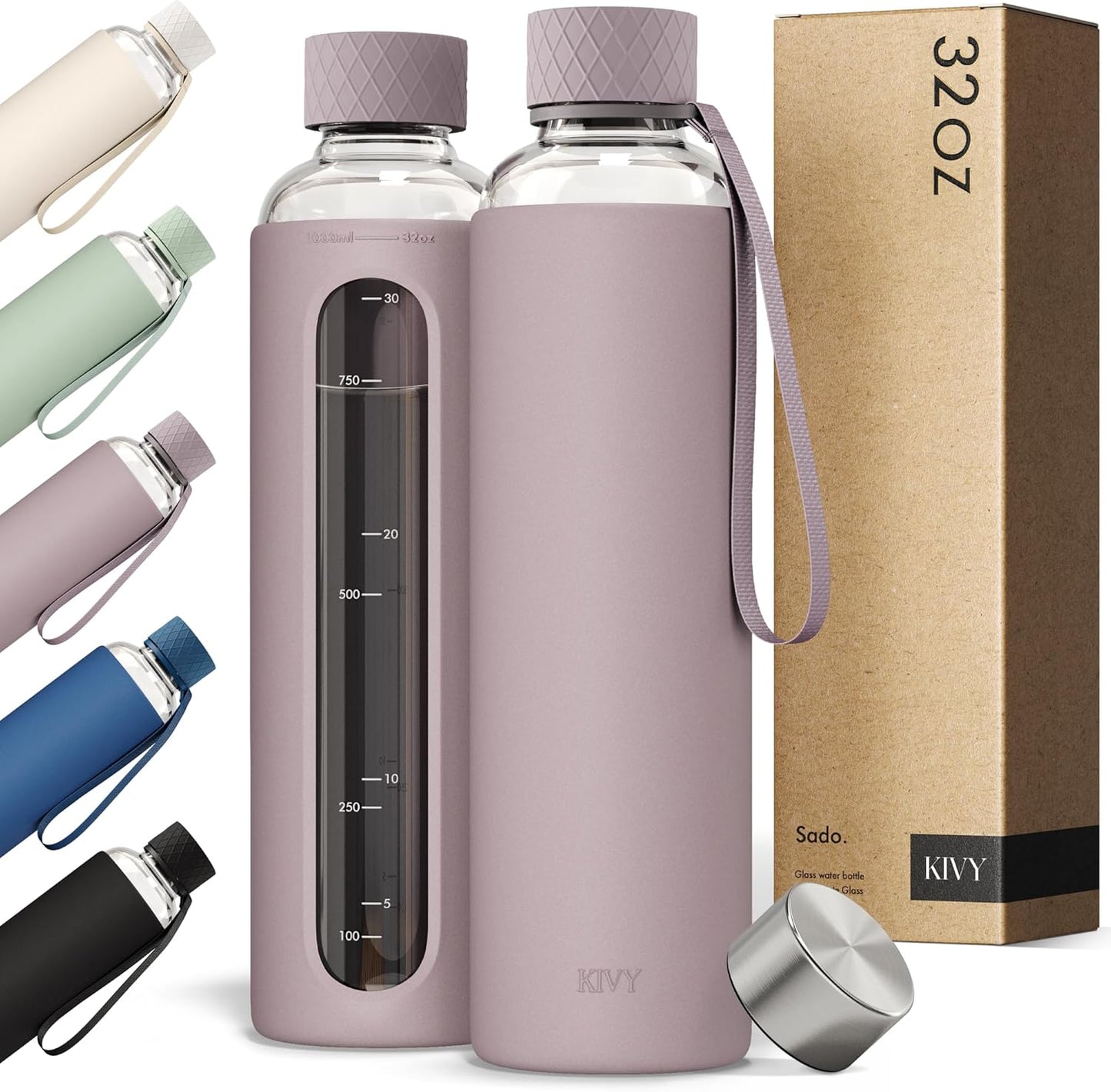 KIVY Glass Water Bottle with Silicone Sleeve 32 oz [WITH MEASUREMENT] - Borosilicate Glass Water Bottle Screw Top - Clear Bottles with Measurement Marking - Slim Waterbottle Aesthetic - Taupe