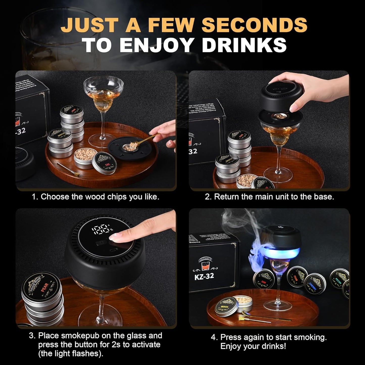 Electric Whiskey Smoker Kit Built-in Lighter with 7 Colorful Lights, Flameless Rechargeable Electric Drink Smoker Kit with 6 Wood Chips – Premium Cocktail Smoker Kit Set for Men, Husband, Dad