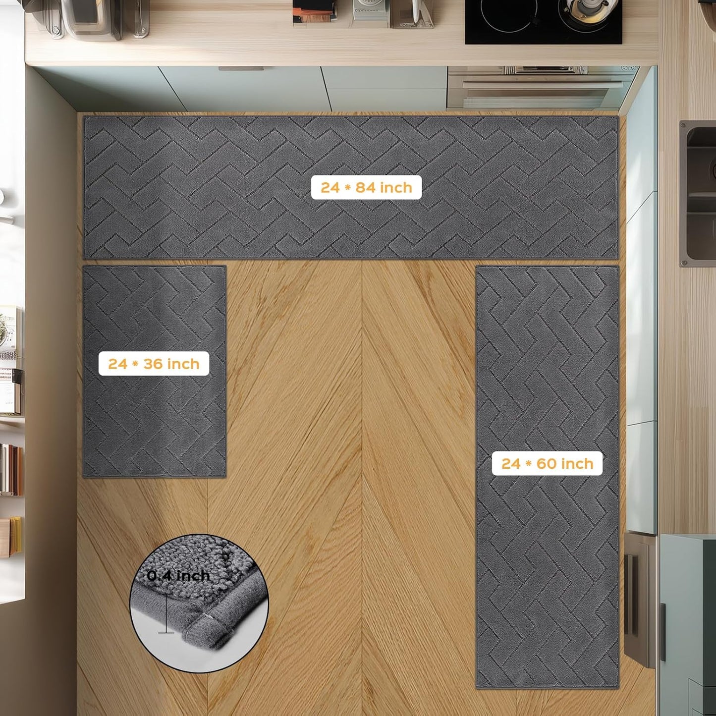 Machine Washable Kitchen Rugs Set (24" x 36"+24" x 60"), Non-Slip Kitchen Runner Rugs Mats for Floor, Absorbent Comfort Standing Mats for Kitchen, Sink and Hallway, Rolled Packaging, Grey
