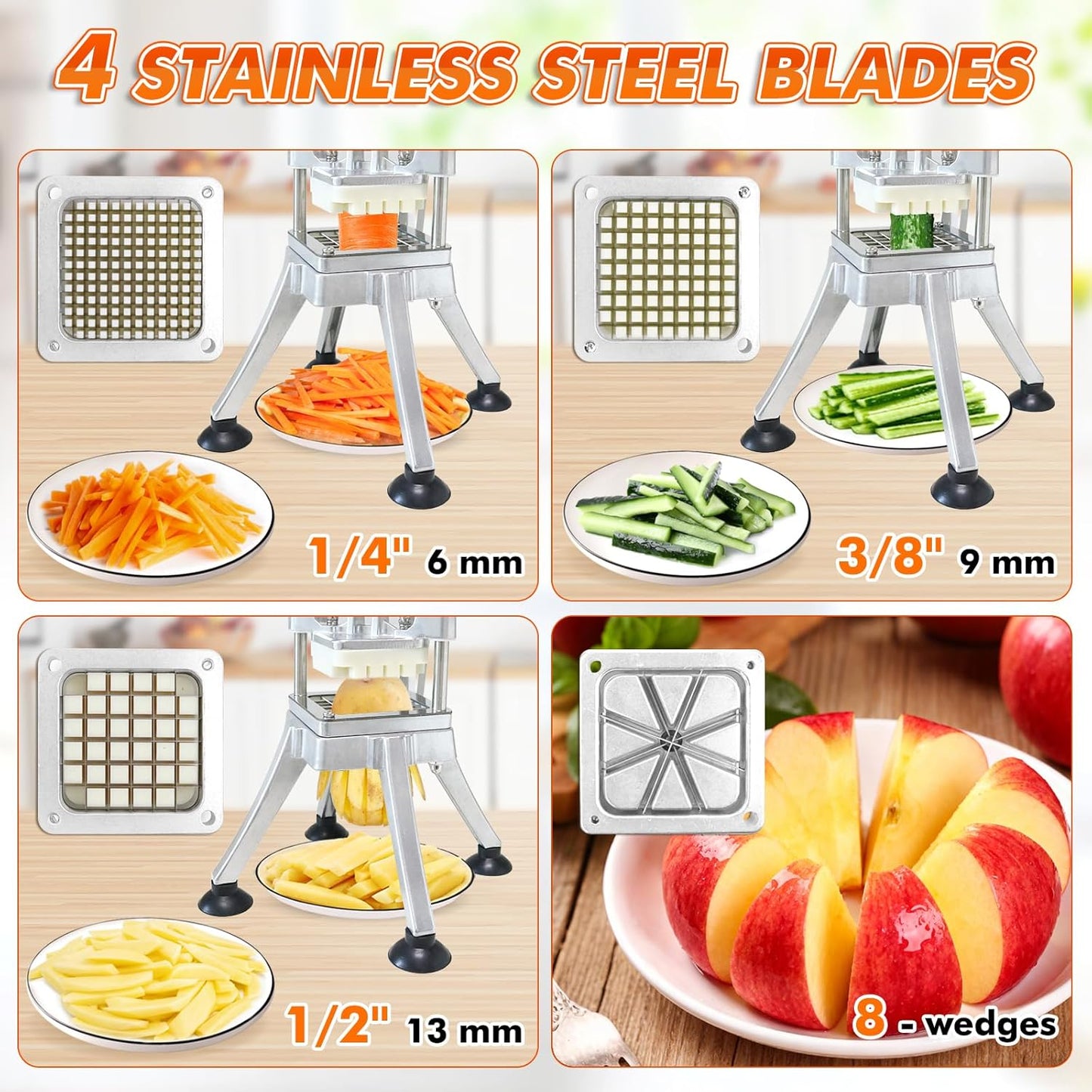 Anatole Commercial French Fry Cutter with 1/4'' 3/8'' 1/2'' 8-Wedges Stainless Steel Blades Vertical Potato Slicer Manual Vegetable Chopper for Onion Carrot Lemon