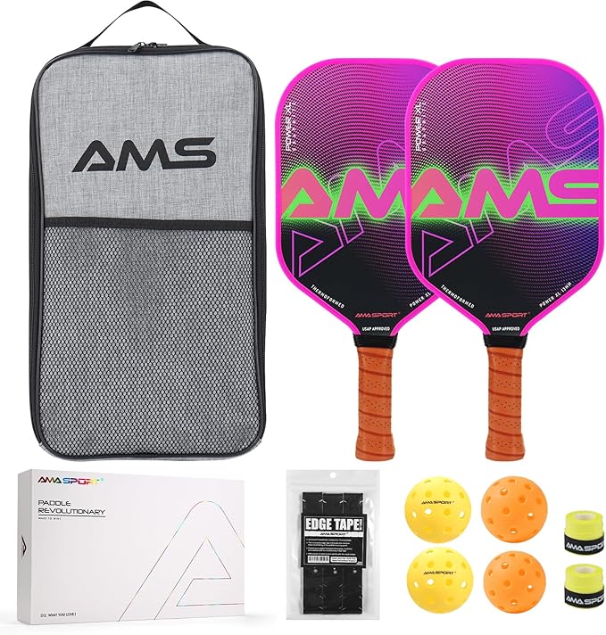 AMA SPORT Pickleball Paddles Set of 2 USAPA 1Portable Carry 2 Pickleball 3 Edge 4 Pickleballs, 2 Grip