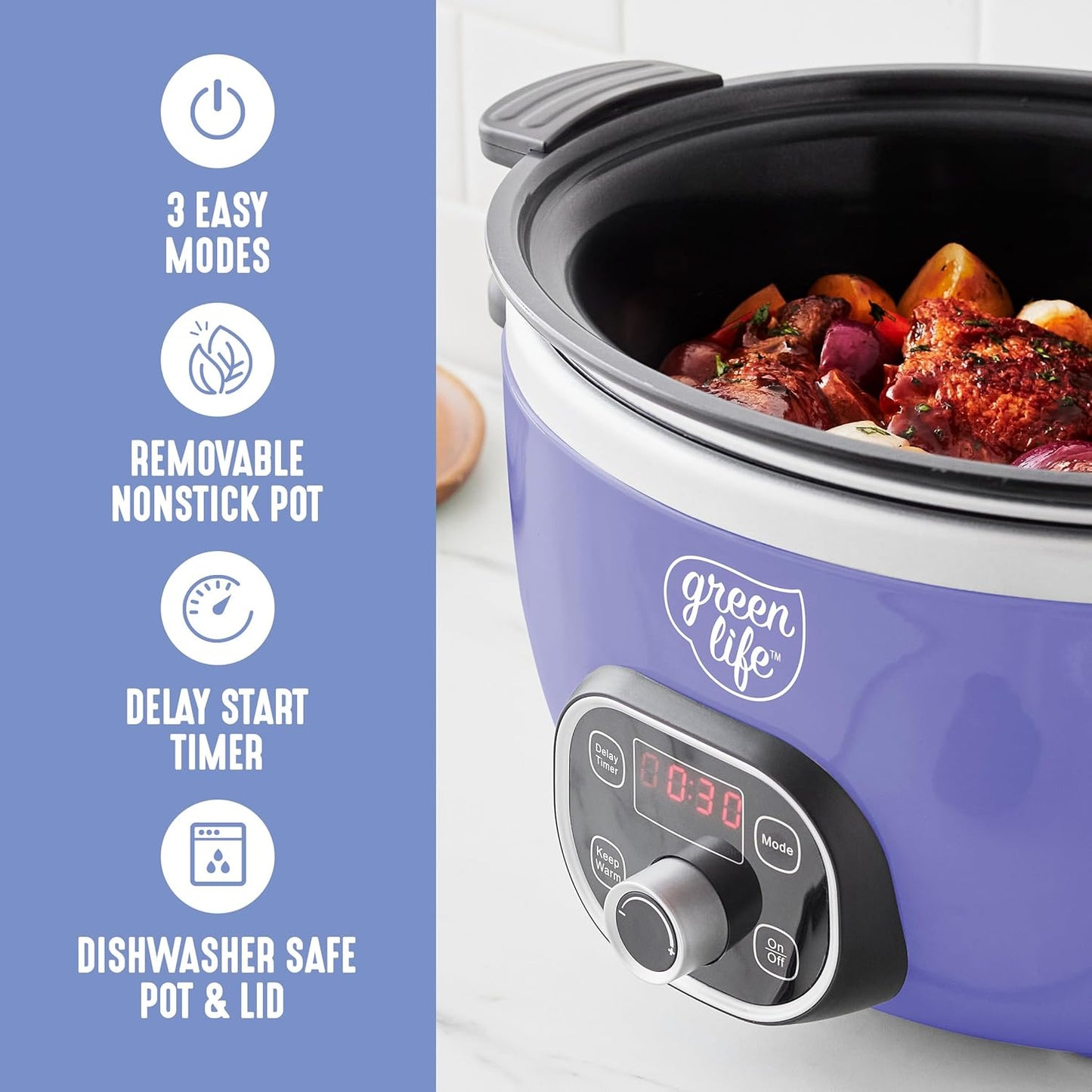 GreenLife 6 Quart Ceramic Slow Cooker, PFAS-Free, Programmable, Removable Healthy Nonstick Pot for Family Meals, Sear on Stovetop, Keep Warm, Digital Timer, Dishwasher Safe Glass Lid, Periwinkle